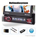 Multimedia systeem met SD-kaart, AUX-kabels, USB-stick en Bluetooth-icoon.