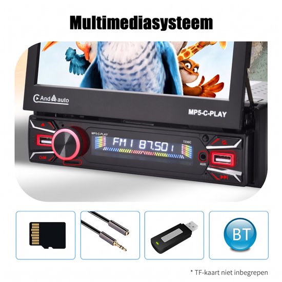 Multimedia systeem met SD-kaart, AUX-kabels, USB-stick en Bluetooth-icoon.