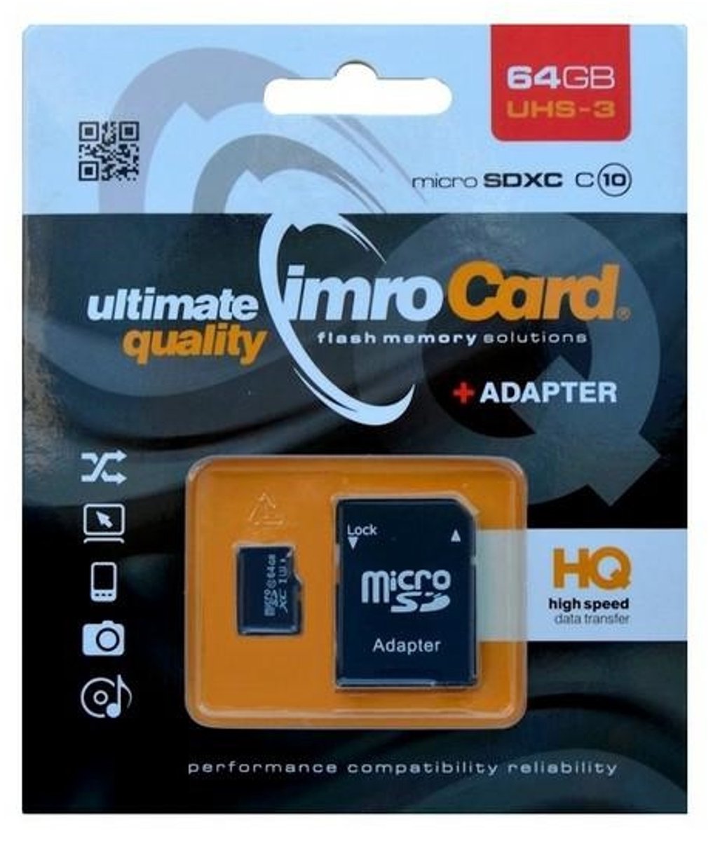 Imro - Micro SD Kaart 64 GB - Geheugenkaart Met Adapter - 100MB/s - Zwart