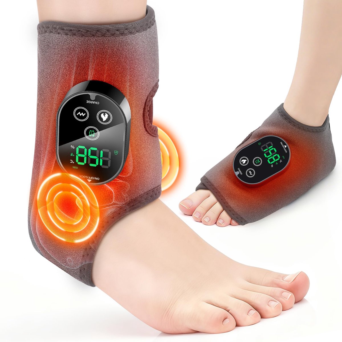 carmdering - Enkelmassageapparaat - Voetmassageapparaat - Warmte en Trilling - 3000 mAh, 6 temperaturen (45-70°C), 3 timers (20/35/45 min) - 3 trillingsstanden - Flexibel, ademend - Grijs
