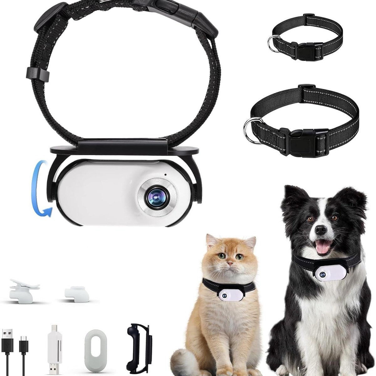 Hoogwaardige 1080P draadloze huisdiercamerahalsband, geschikt voor het opnemen van video's, kleine bewegingscamera, geschikt voor huisdierbenodigdheden/-artikelen, zonder wifi-functie - 64G - wit