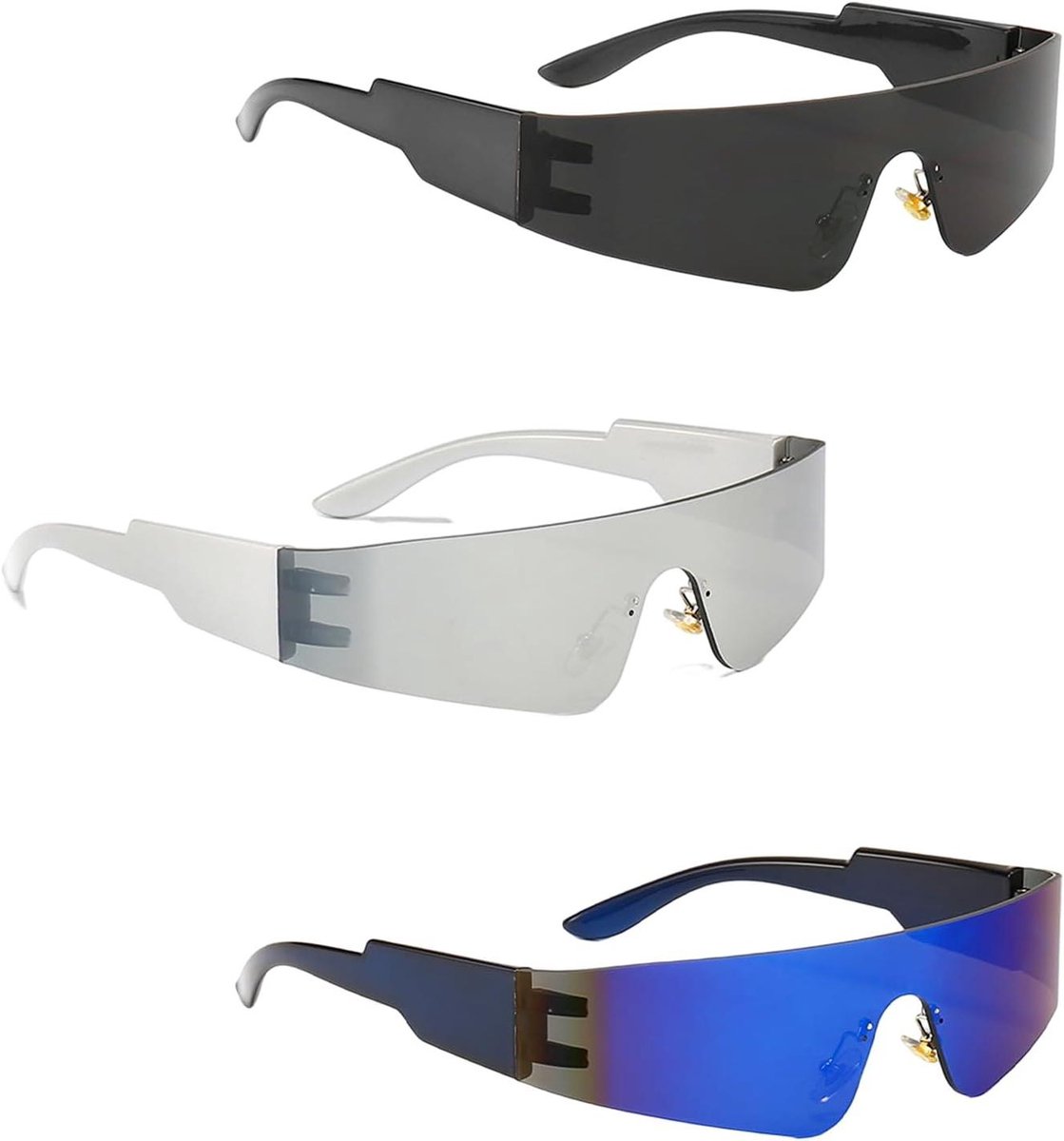 Futuristische Brillen Set - Feestbrillen Alien - Feestelijke Accessoires - Frameloos Cycloop Ontwerp - 3 Stuks - Blauw Zilver Grijs