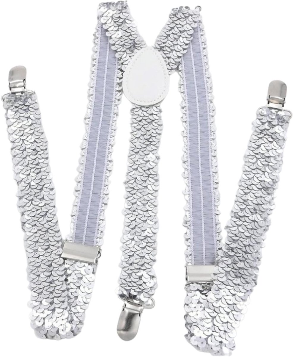 Elastische Y-Back Suspenders voor Volwassenen met Sterke Clips en Pailletten - Kostuumaccessoires in Zilver voor Feestjes en Evenementen
