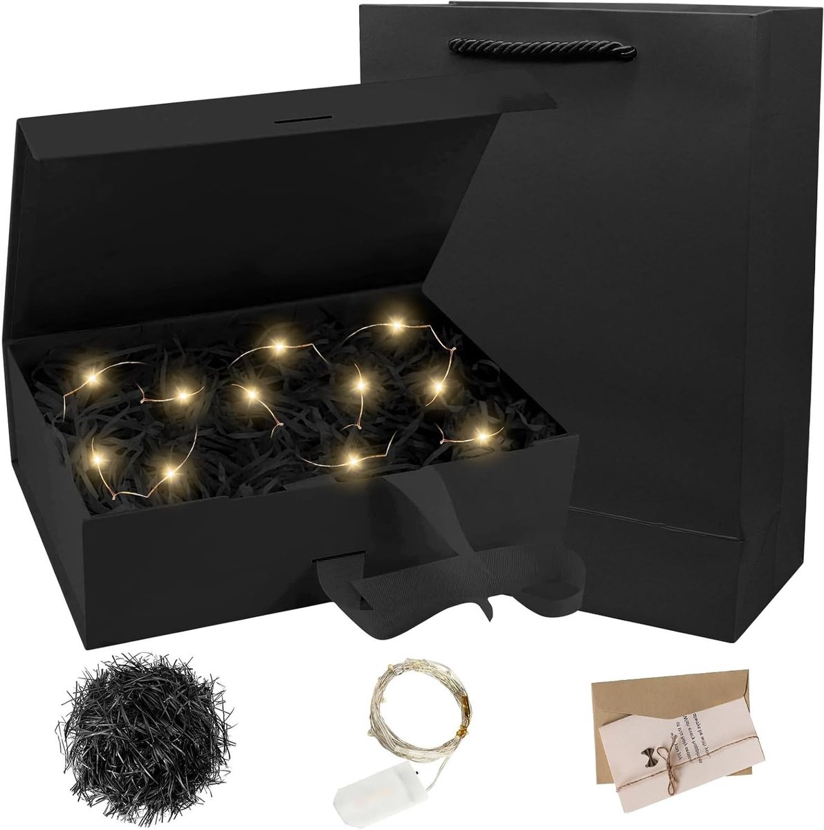 Vouwbare Cadeau Doos met Deksel, 23 x 17 x 7 cm, Magnetische Doos met Strik en LED Verlichting voor Kerst, Verjaardag en Bruiloft Cadeaus
