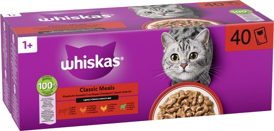 Doos Whiskas Classic Meals, 40 pakjes van 85g, voor katten van 1+ jaar. Met rund, kip en vis.