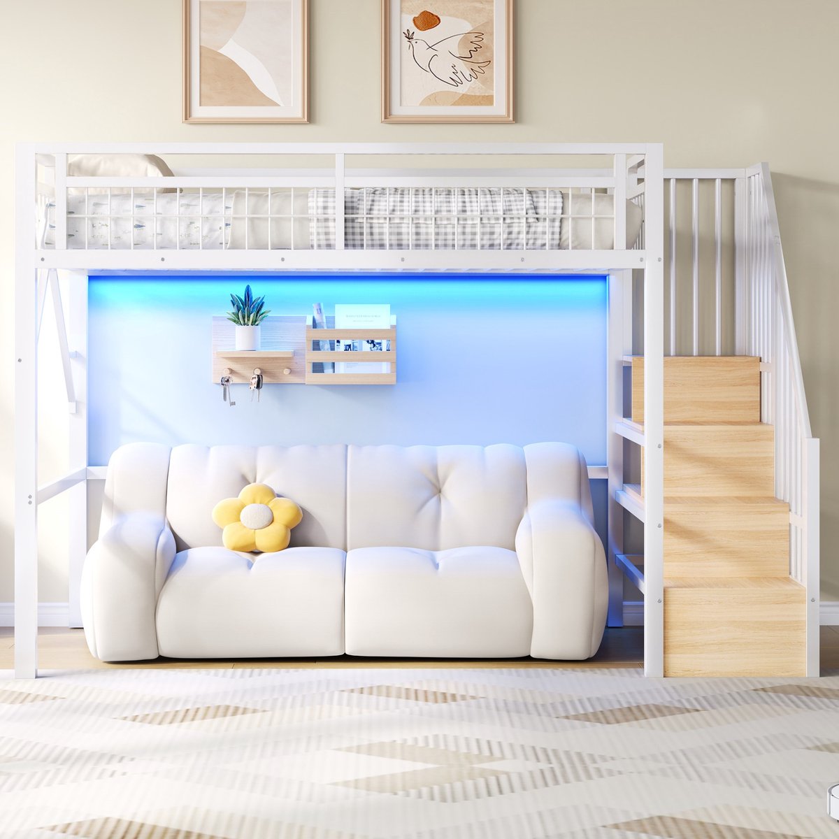 VVBV Hoogslaper 90x200 cm Metaal met LED-Verlichting en Trap met Opbergruimte, Wit