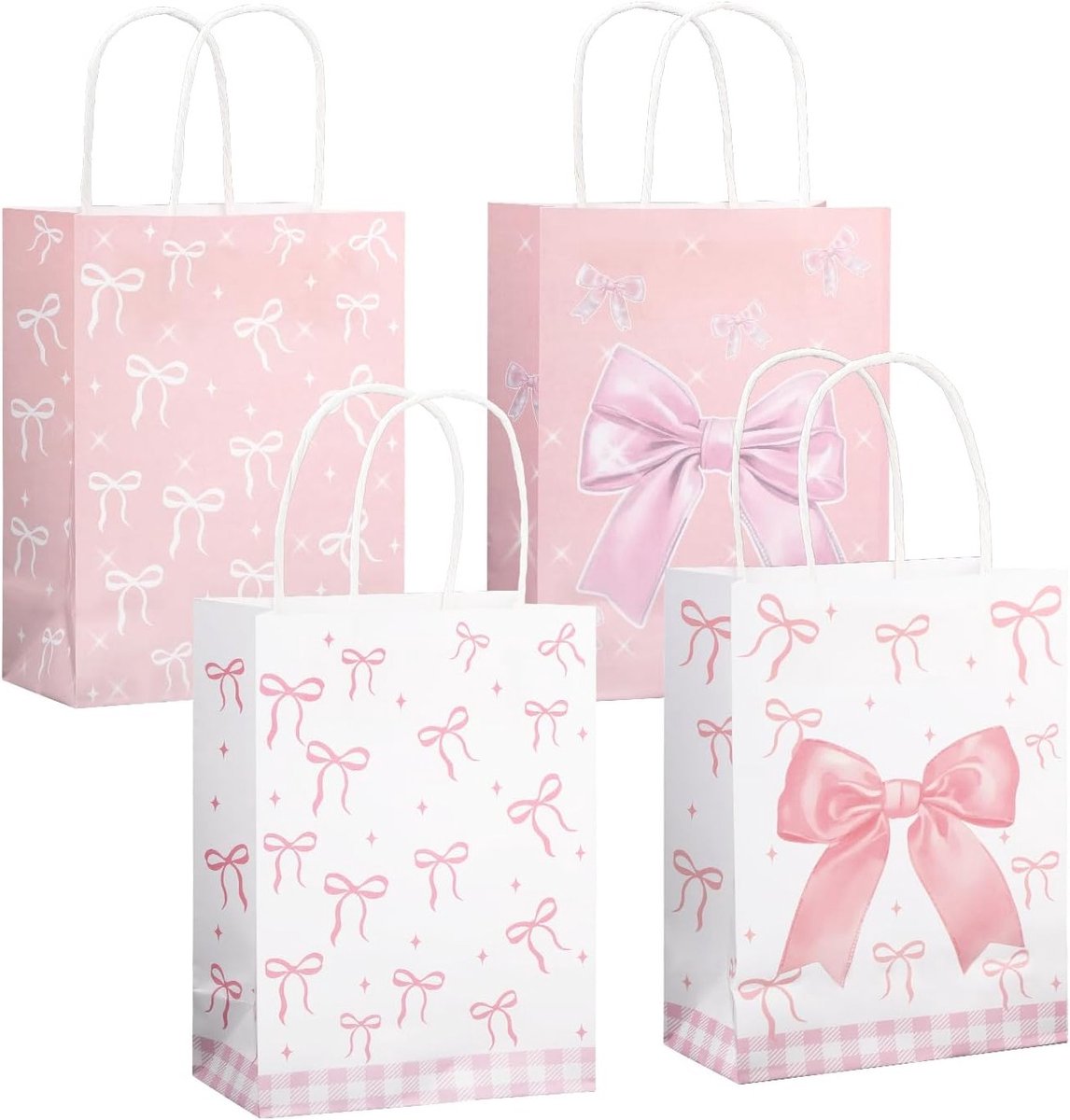 12 Stuks Roze Strikjes Party Favor Tassen, Dubbelzijdige Kraft Papieren Goodie Tassen voor Bruiloft, Verjaardag en Baby Shower Feestjes