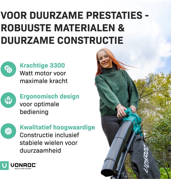 VONROC 3-in-1 bladblazer – 3300W – Blazen, Zuigen & Versnipperen – 270km/h – Incl. 40L opvangzak