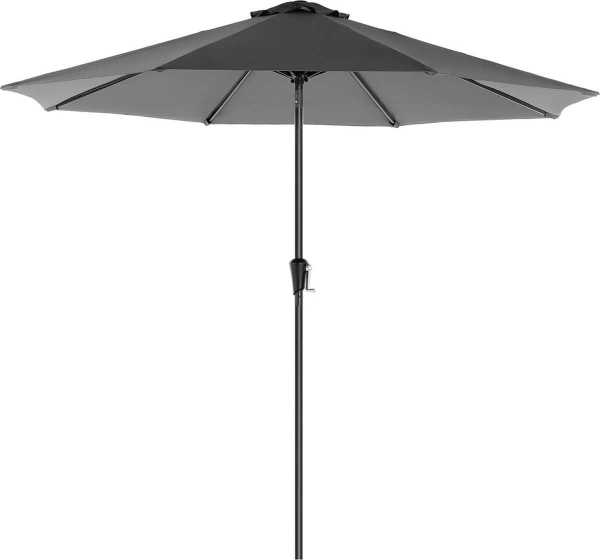 Grijze parasol met RVS mast en ventilatieopeningen, 3m Ø, UPF 50+, 2,4m hoogte.