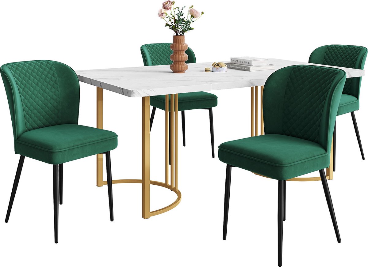 Merax Eettafelset (5-delig) – Moderne Eettafel (140×80×75 cm) met 4 Gestoffeerde Stoelen - Fluwelen Stoelen in Donkergroen - MDF Tafelblad in Wit met Gouden Metalen Poten
