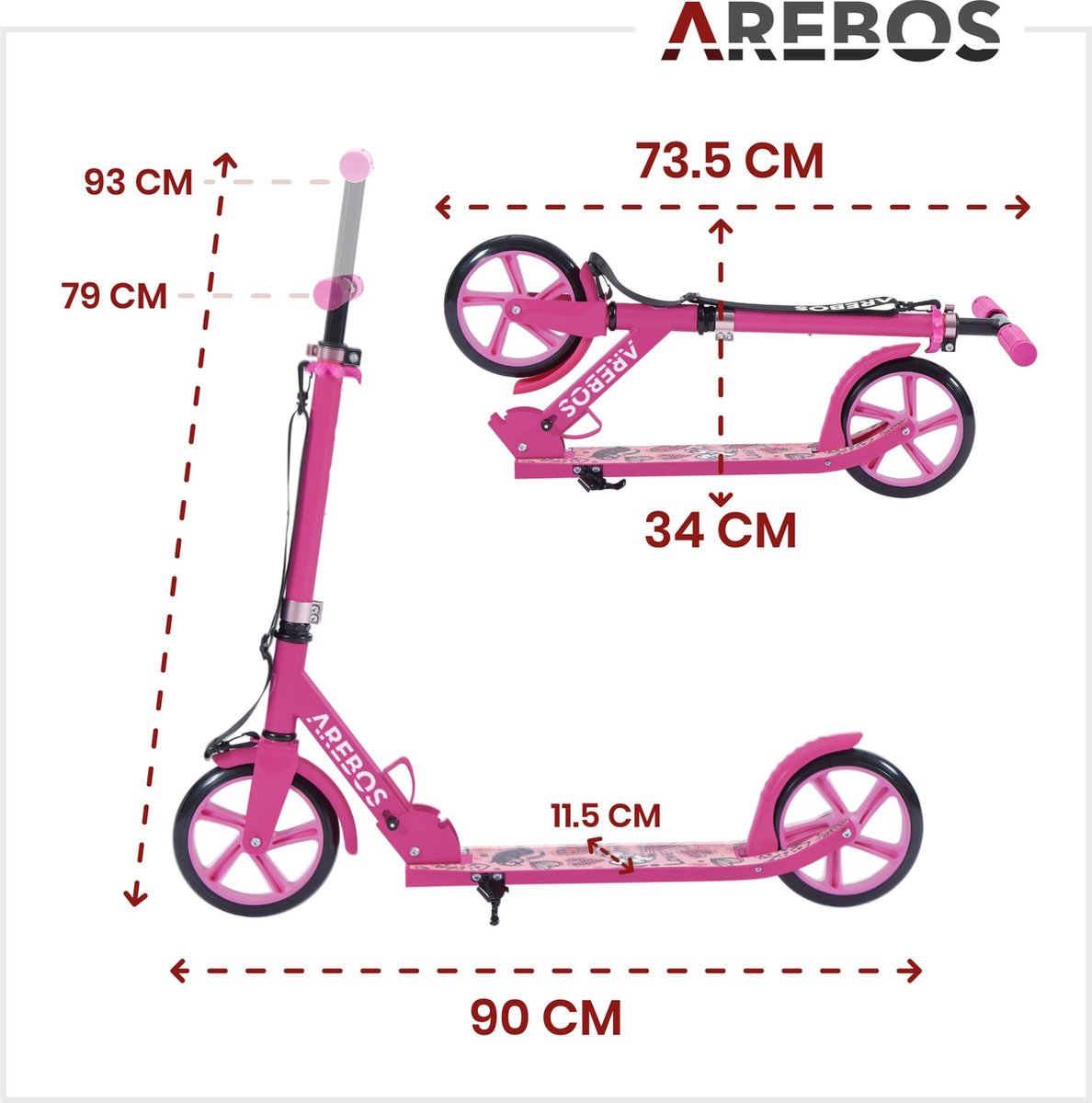 AREBOS kick scooter stadsstep kinderstep volwassen scooter roze — afbeelding 13