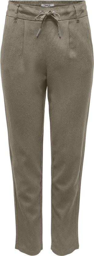 Olijfgroene broek met trekkoord, elastische tailleband en wijde pijpen.