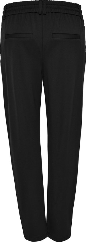 Zwarte broek met een elastische tailleband en een rechte pasvorm, gezien vanaf de achterkant.