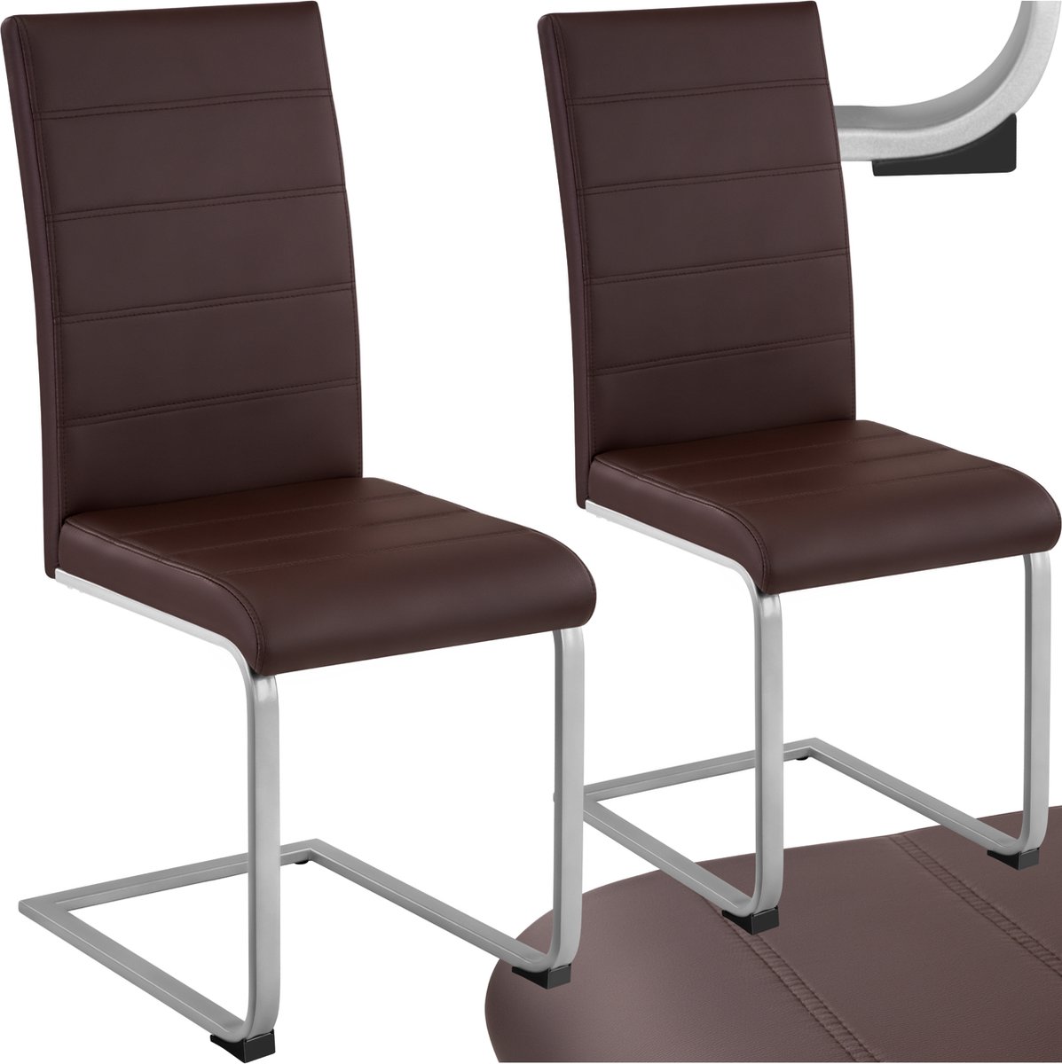 Tectake Eetkamerstoelen - Kunstleren stoelen met hoge rugleuning - Set van 2 - Sledestoel met ergonomisch gevormde rugleuning - Diverse kleuren en sets - Bruin