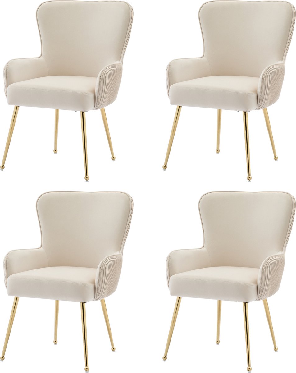 Merax Set van 4 Luxe Fluwelen Eetkamer- en Loungestoelen – Beige met Gouden Metalen Poten – Armleuningen - Verstelbare Poten en Lendensteun