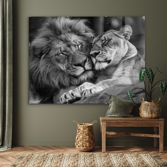 MuchoWow® Glasschilderij 160x120 cm - Schilderij acrylglas - Leeuwen - Dieren - Zwart - Wit - Leeuw - Foto op glas - Muurdecoratie woonkamer - Wanddecoratie slaapkamer - Schilderijen