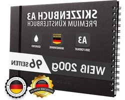 PREMIUM quality sketchbook 200 g/m² black spiral binding A3 landscape format tear-resistant non-bleeding acid-free paper - GERMANY - large sheet size 41 x 29 cm
