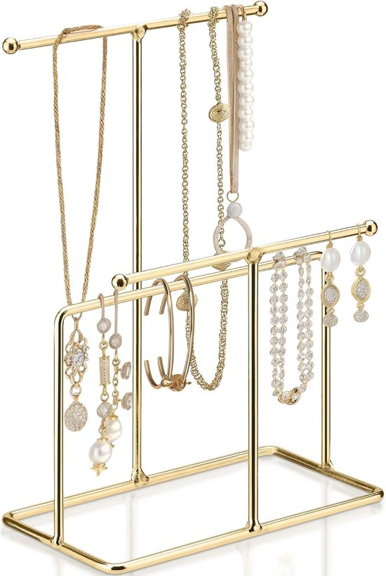 VPB Gouden Sieradenstandaard, Metalen Ketting Displaystandaard Oorbellenhouder, T-Bar Sieraden Organizer Standaard, Sieraden Displaystandaard voor Armbanden Ringen Sleutels Horloges