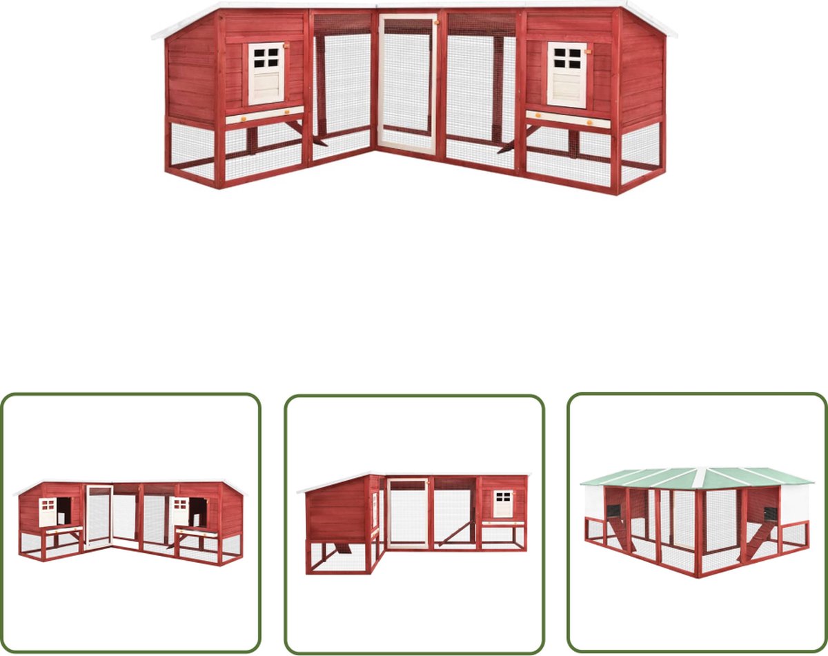 vidaXL Konijnenren – Konijnenhok – Konijnenhok voor buiten met ren massief vurenhout rood en wit – Hout – Buitennestkast – Konijnenhuis
