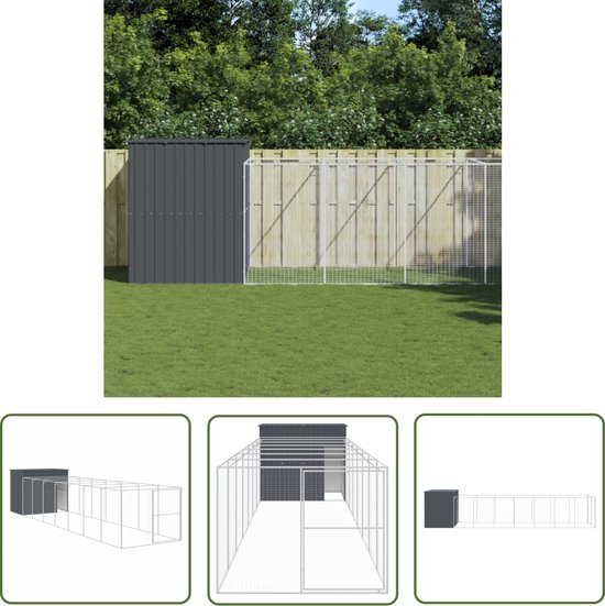 The Living Store Hondenhok met ren 214x865x181 cm gegalvaniseerd staal antraciet - Hondenhok - Hondenverblijf - Hondenrennen - Puppy Verblijf - Honden Shelter