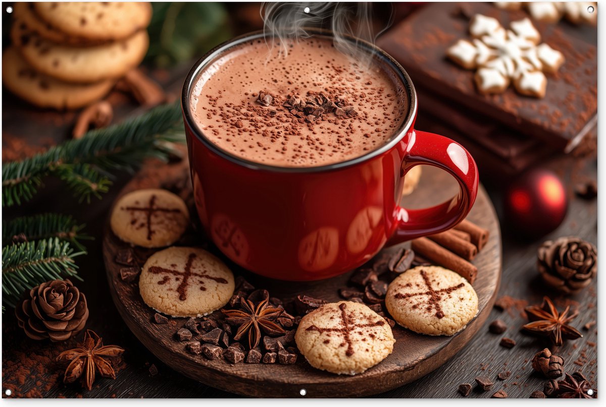 Tuinposter 180x120 cm - Tuindecoratie Chocolademelk - Mok - Winter - Kerst - Gezelligheid - Poster voor in de tuin - Buiten decoratie - Schutting tuinschilderij - Tuindoek muurdecoratie - Wanddecoratie balkondoek