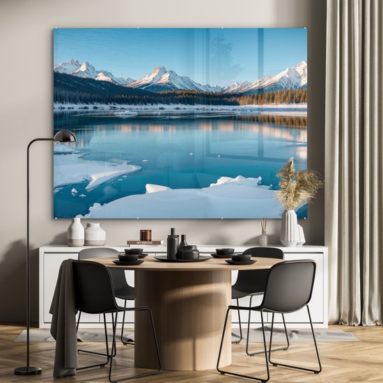 MuchoWow® Peinture sur verre 160x120 cm - Peinture sur verre acrylique - Paysage - Hiver - Lac - Montagnes - Vue - Glace - Photo sur verre - Décoration murale salon - Décoration murale chambre - Peintures