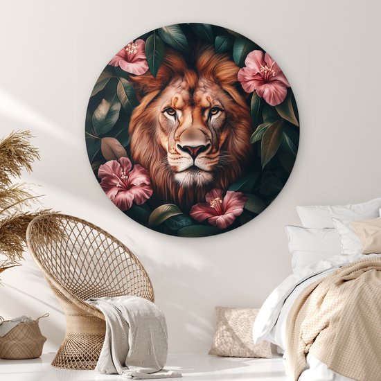 WallCircle - Cercle mural 120x120 - Lion - Fleurs roses - Feuilles - Botanique - Tableaux ronds salon - Plaque murale ronde - Cercle de Décoration murale - Décoration de chambre à l'intérieur - Cercle de Décoration murale - Accessoires de maison XXL