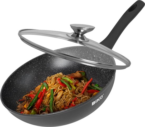 Poêle wok avec couvercle - 28 Cm - Pan avec revêtement antiadhésif - Poêle tous feux dont induction - Sans PFOA - Poignée froide Soft touch - Poêle wok induction - Revêtement marbre - Poêle wok