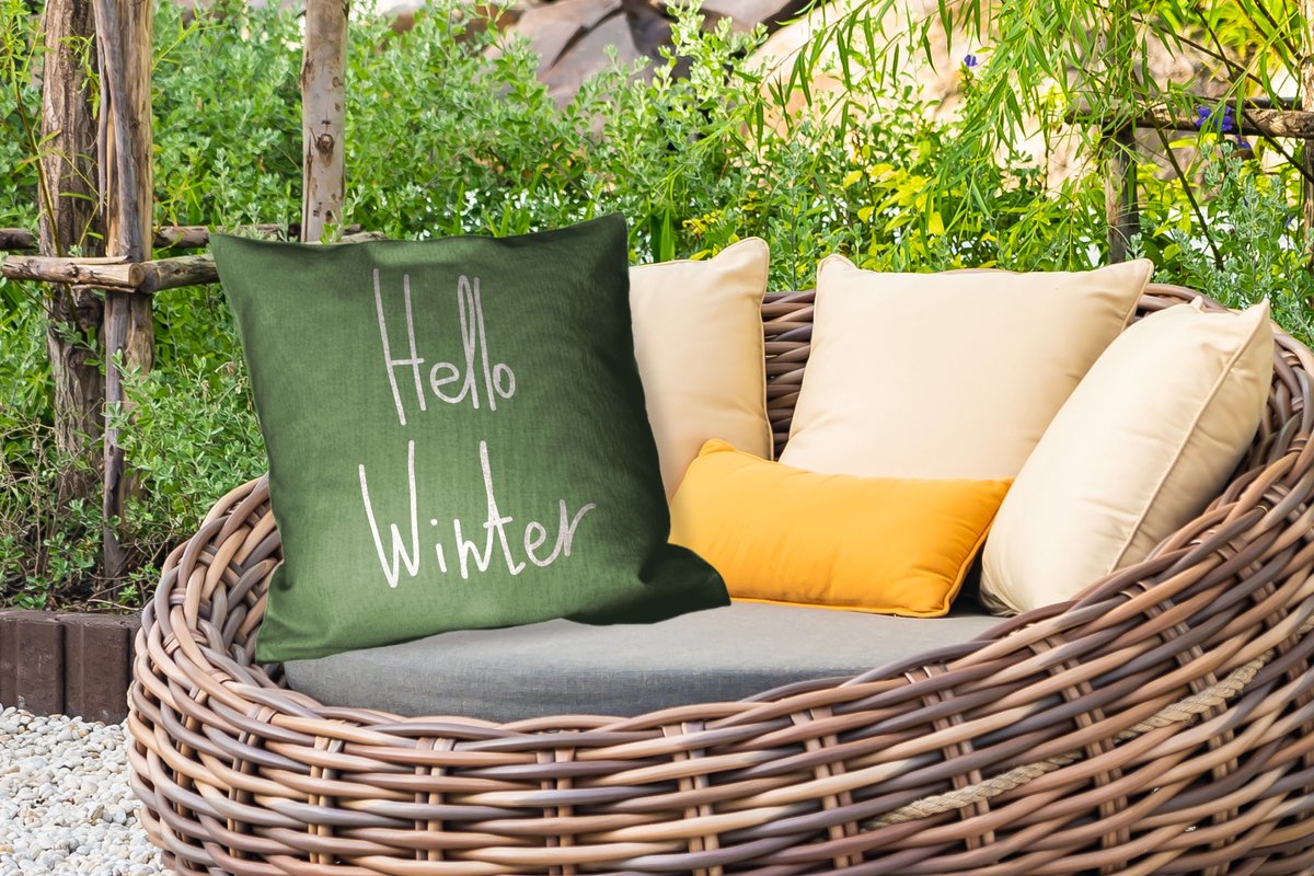Sierkussen Buiten - Quotes - Hello winter - Groen - Kerstmis - December - 60x60 cm - Weerbestendig