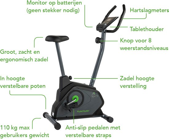 Tunturi Cardio Fit B30 Hometrainer - Fitness fiets met 8 weerstandsniveaus - Tablethouder - Hartslagfunctie en transportwielen