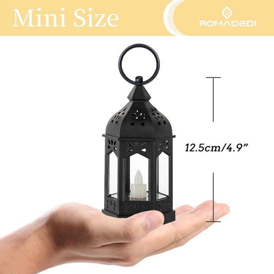 Garosa Pack of 2 Decorative Lanterns, 16 x 7 x 7 cm, Metal Mini Tea Light Hanging Lantern, for Indoor Outdoor Events, Parities and Weddings, Black