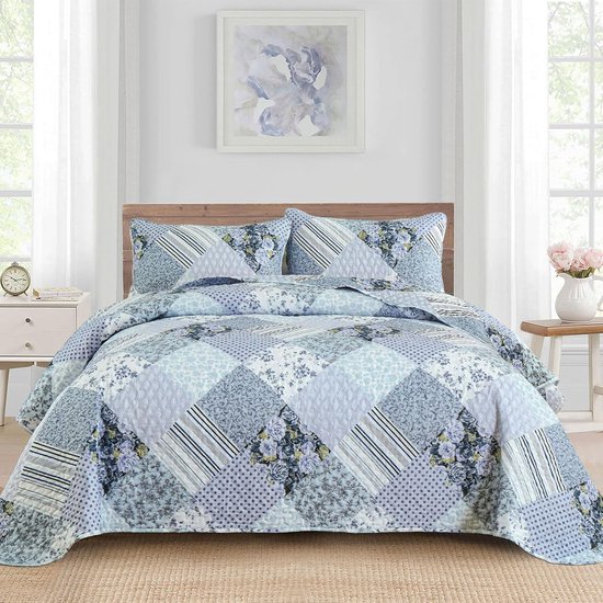 Goodivery ® Charmant Bedsprei Set met Lavendel Patchwork en Kussenslopen voor Slaapkamergemak