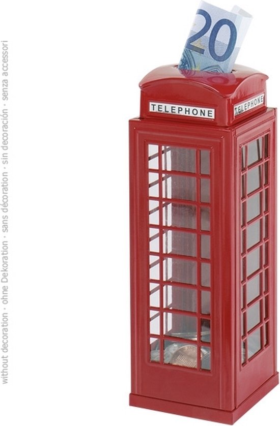 Tirelire rouge en forme de cabine téléphonique britannique avec un billet de 20 euros.