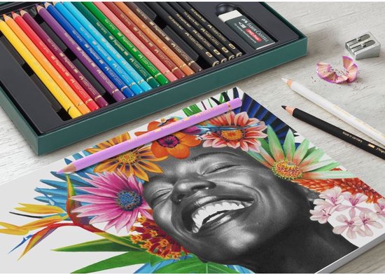 Een set Faber-Castell Polychromos en Pitt Graphite potloden, met een getekende vrouw met bloemenkrans.