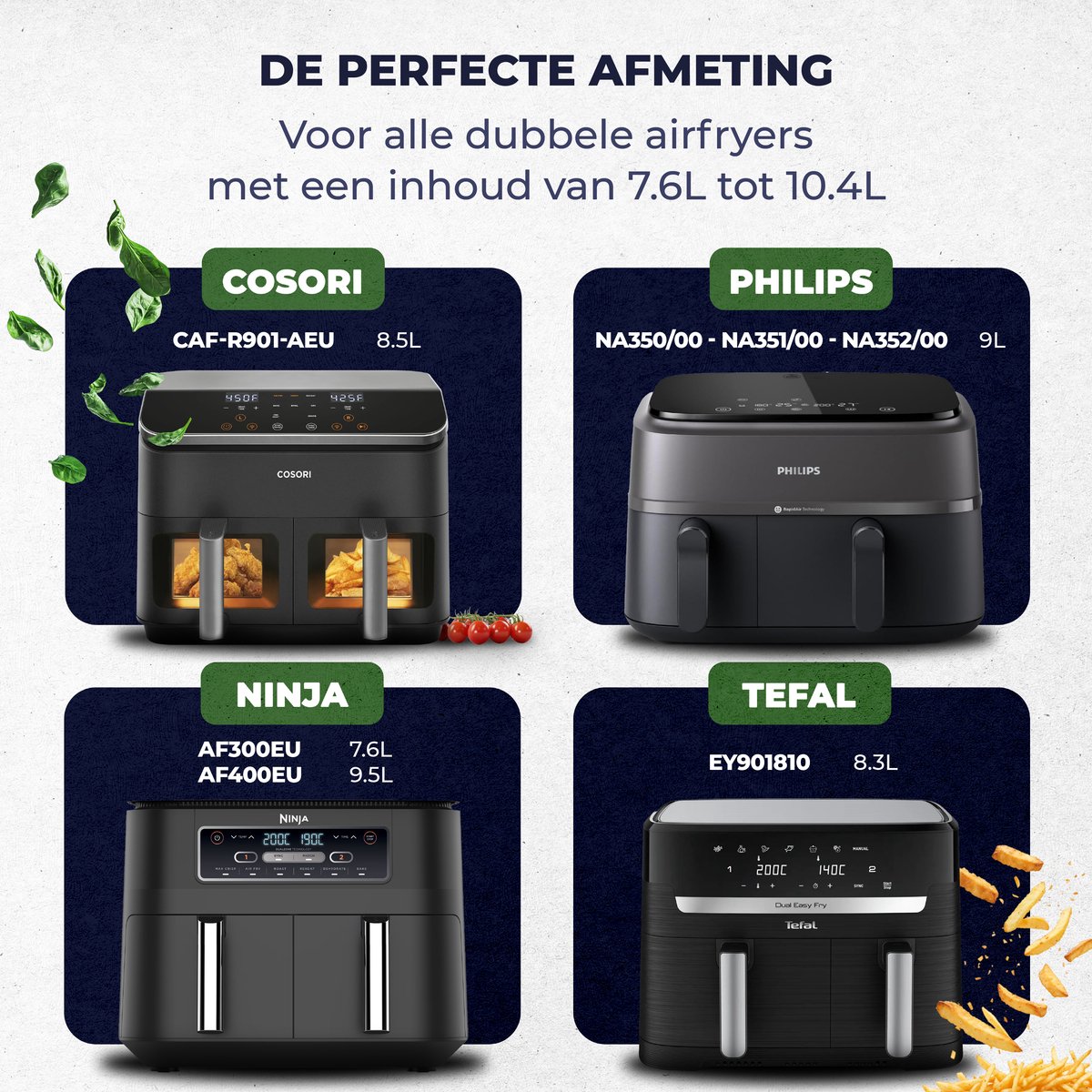Fentic Airfryer Accessoires - Geschikt voor Dual Airfryers - Voor Ninja Foodi Max Dual Zone AF300EU AF400EU – 7.6L tot 9.5L - Met Airfryer Siliconen Bakje (2 stuks) — afbeelding 3