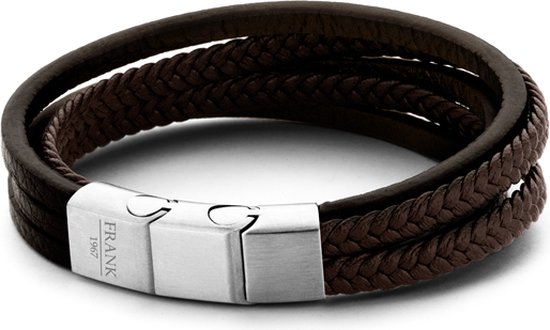 Bracelet en cuir marron foncé avec détails tressés et fermoir en acier gravé 'FRANK 1967'.