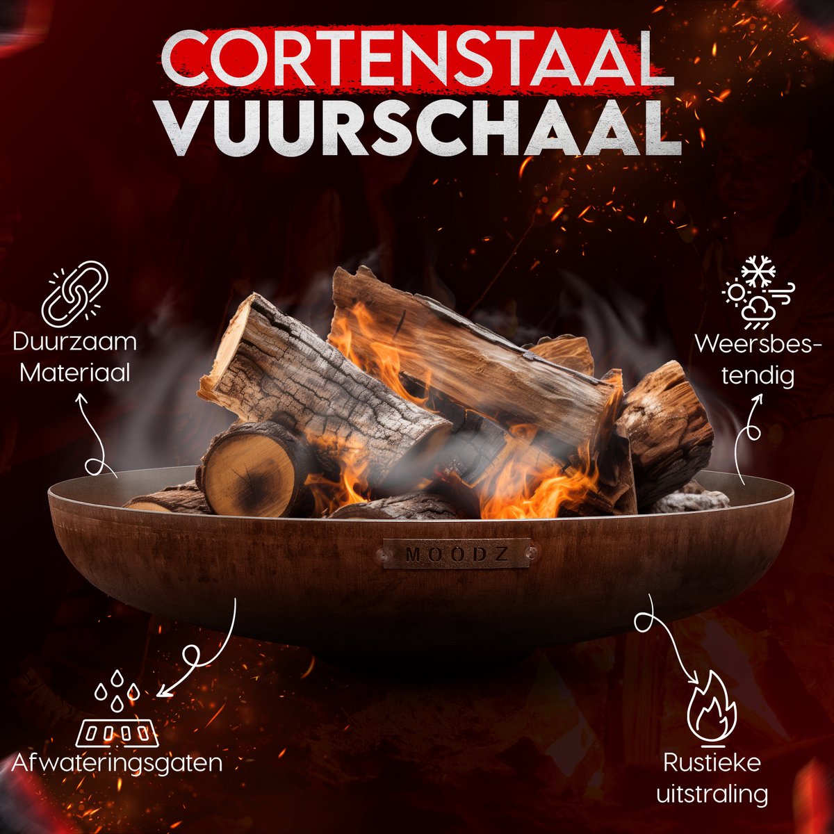 HEAT Outdoor Living Vuurschaal 80 cm rood – BBQ vuurschalen voor de tuin – vuurplaats buiten en vilt – terrassen van staal – vuurkorf voor de tuin – tuin – 80 x 80 x 19 cm