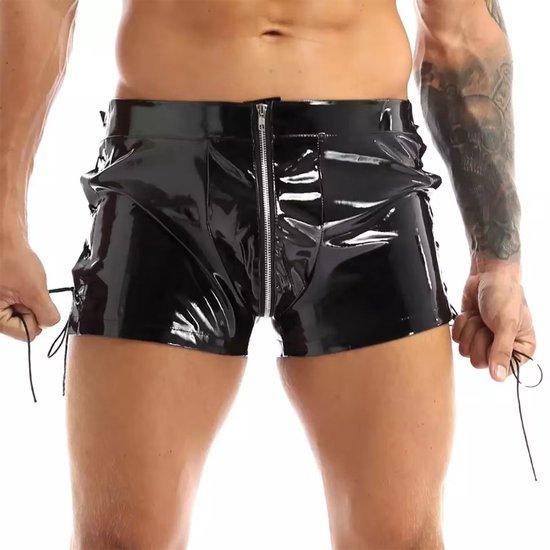 Foto: Korte porno broek mannen latex wetlook open pijpen met touw open kruis functie short