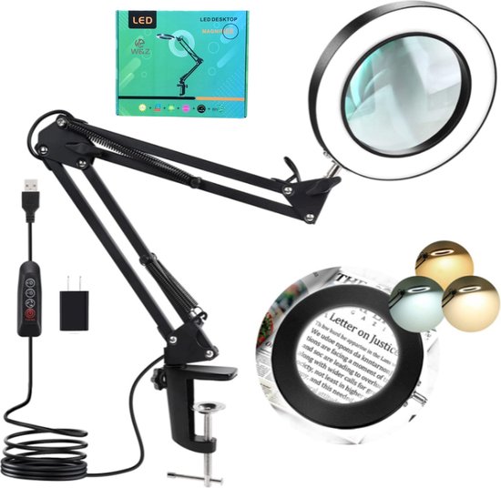 W&Z® Loeplamp met LED Verlichting - Loep Vergrootglas - 72 LEDs - 10x Vergroting - Tafelklem - Zwart