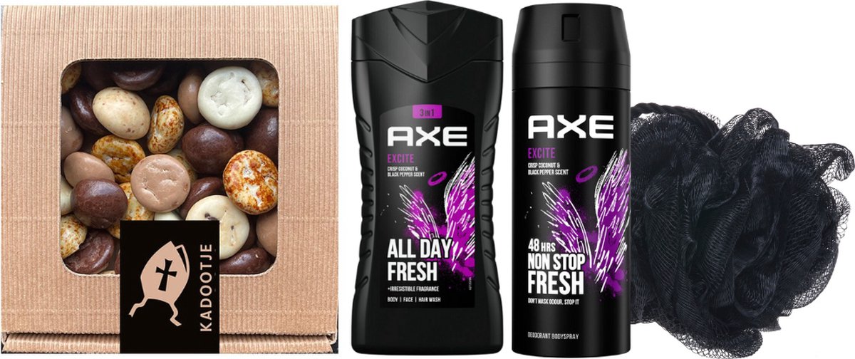Goedkoopste Axe Cadeauset Sinterklaas Excite - Axe Deo Spray Excite - Axe Showergel Excite - Liv 'n Taste Chocolade Kruidnoten Sint Kadootje