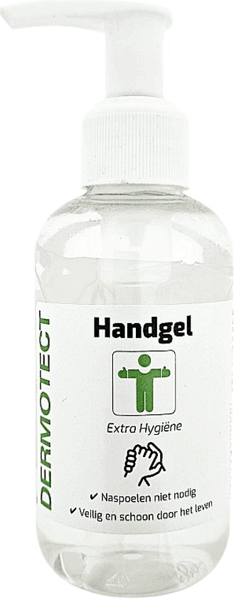 Dermotect Handgel Extra Hygiëne 150ml. Transparante gel met pompdispenser en groene opdruk.