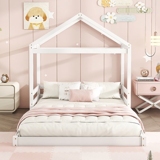 KOMHTOM Lit cabane Lit enfant 140 x 200 cm Forme maison Bois de pin Sommier à lattes Wit