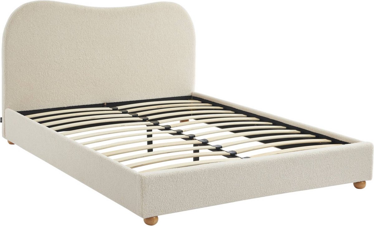 sweeek - Bed met lattenbodem en hoofdeinde, wit met bouclé afwerking