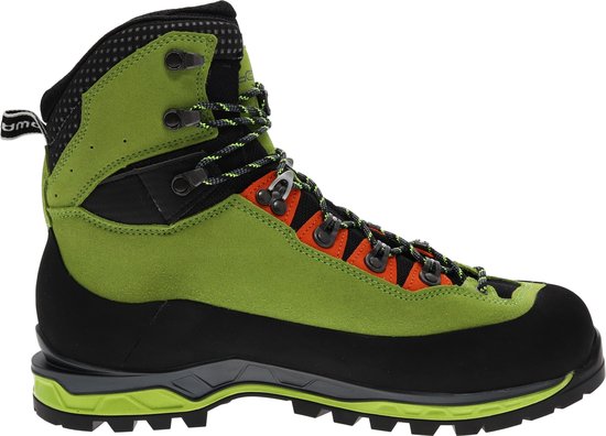Zijprofiel van groene bergschoen met oranje details, zwarte zool en veters.