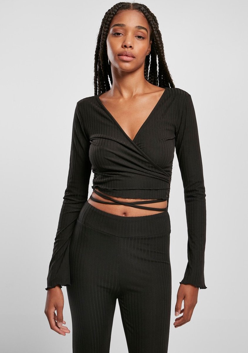 Urban Classics Cropped Rib Wrapped Longsleeve top L Zwart