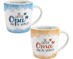 Koffie/thee mok cadeau set - lieve opa en oma - wit/oranje/blauw - porselein - 300 ml