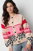 Kleurrijke Dames cardigan met Kerspatronen en Dierenprint - Fushia - Maat L/XL