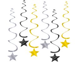 Q2Party - Ster Swirl - Slinger - Versiering - Verjaardag - decoratie - Feest - Hangdecoratie - Goud/Zilver/Zwart – 6 stuks