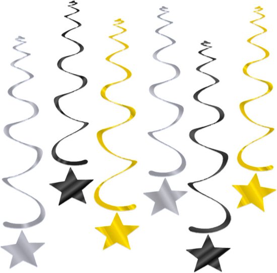 Q2Party - Ster Swirl - Slinger - Versiering - Verjaardag - decoratie - Feest - Hangdecoratie - Goud/Zilver/Zwart – 6 stuks
