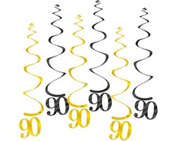 Q2Party - 90 Jaar Swirl - Slinger - Leeftijd - Versiering - Verjaardag - decoratie - Feest - Hangdecoratie - Goud/Zwart – 6 stuks